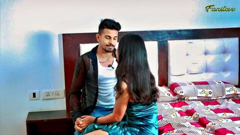 Intimate moment with Indian wife in green dress and her lover on bed
