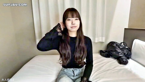 18yo Hina in amateur first time, posing on bed in lace top and jeans