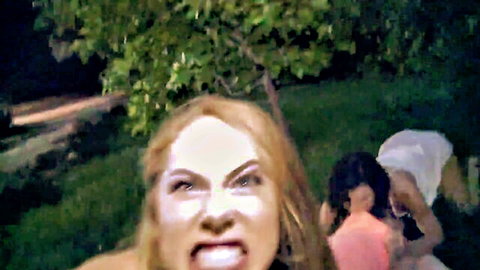 Blonde snarls with intense orgasm face during outdoor lesbian threesome