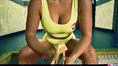 Curvy muscular black babe squats low in tight yellow gym shorts gripping her pussy mound