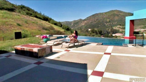 Cherokee D'Ass in pink bikini by pool, big ebony ass on display