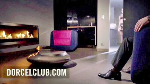 Megan Rain in luxurious Paris threesome scene by fireplace
