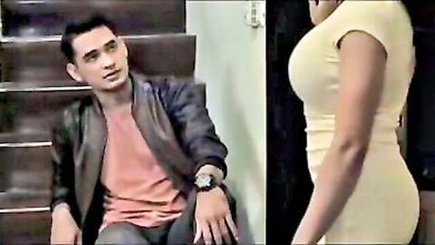 Asian sugar daddy couple tease: man in leather jacket, curvy woman in tight yellow dress
