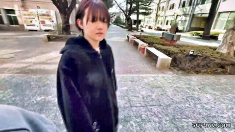 Petite Japanese college girl in black hoodie walking outdoors, amateur JAV teaser