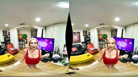 Busty blonde MILF in tight red lingerie flaunts huge tits in VR POV gaming room
