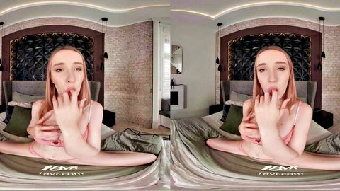 Skinny blonde teen spreads legs wide open-mouthed tease in POV bedroom