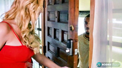 Penelope Woods in red dress teasing BBC at the door, anal loving blonde