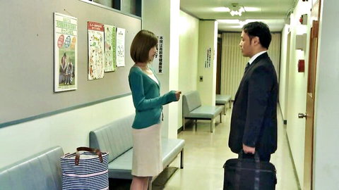 Airi Kijima as married home helper in teal cardigan and skirt, office talk