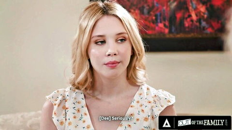 Surprised blonde teen in floral off-shoulder top says seriously in taboo stepfamily porn