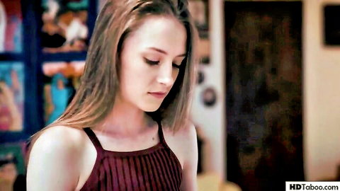 Kyler Quinn in maroon strapless dress, thoughtful expression in taboo scene