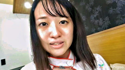 Japanese nurse in cosplay uniform with glossy open mouth ready for cock