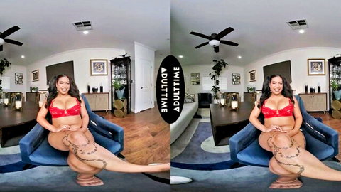 Maya Farrell in red lingerie, VR POV close-up on couch tease