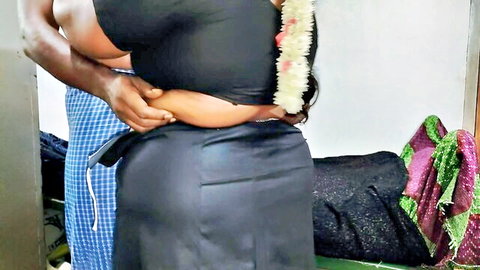 Desi wife with fat rump in black skirt embraced from behind in amateur video