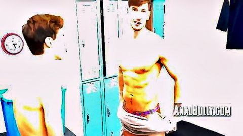 Two muscular shirtless young men in tight white underwear tease in locker room