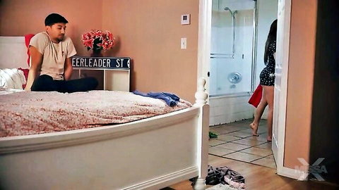 Stepbrother on bed watching skinny brunette stepsister's naked ass and pussy in steamy shower