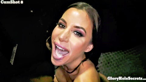 Gia in Gloryhole Secrets with cumshot on tongue, big tits exposed