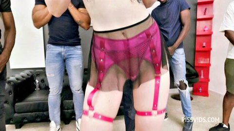 Daruma Rai in BBC gangbang, white babe in pink harness lingerie with black studs