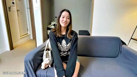 Petite Japanese wife yukino resembling Sora Aoi in casual Adidas hoodie and skirt