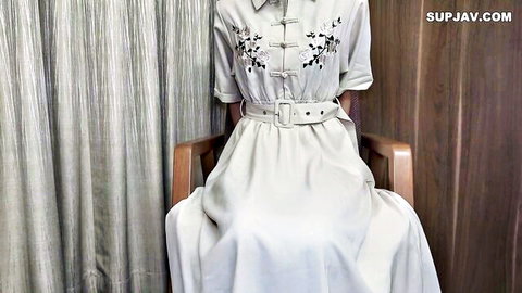 Tomoe-chan pure Japanese virgin in elegant white embroidered dress, sitting innocently