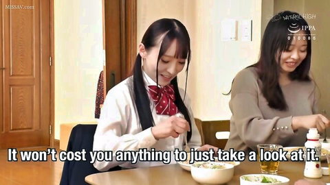 Japanese niece Rina in school uniform eating with friend, JAV teasing scene