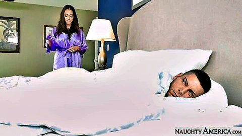 Ariella Ferrera in purple robe seducing man in bed, mature big tits tease