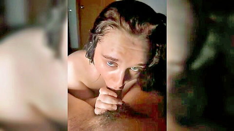 Slim pale performer with dark hair giving intense POV blowjob