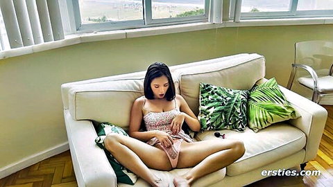 Eve from Ersties masturbates with dildo, legs spread, squirting solo