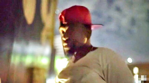 Cameron Skye interracial public scene with black stud in red cap