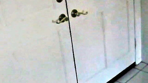 Amateur granny teases slutty side by bathroom cabinet doors
