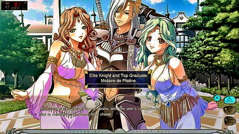 Anime fantasy scene with busty harem girls and armored knight