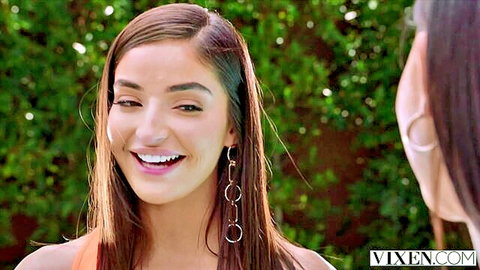 Emily Willis smiles seductively with best friend in Vixen scene