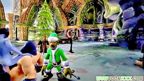 Green elf Santa in rough sex with horny humans in fantasy hall
