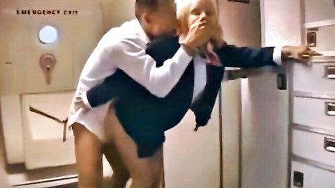 Busty blonde stewardess Jessica Moore fucked from behind by Japanese passenger in uniform