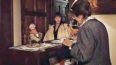 Vintage 1998 adult scene with three mature Asian women in fur coat and dress