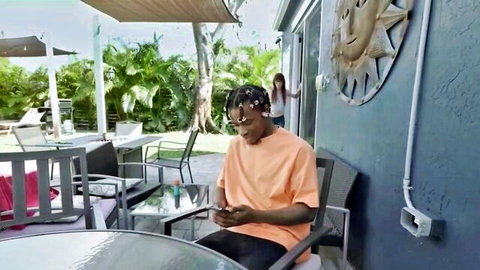 Alexa Nova peeking in outdoor tease with black guy on phone