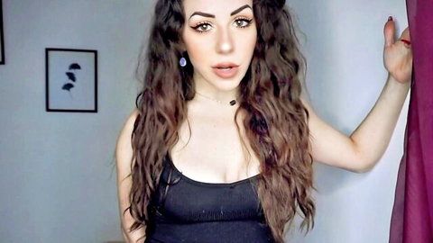 Fiona's curly brunette POV cuckold tease in low-cut black tank top
