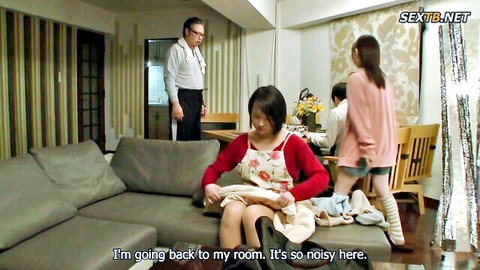 Japanese family living room with sister Kotone Toua in casual clothes
