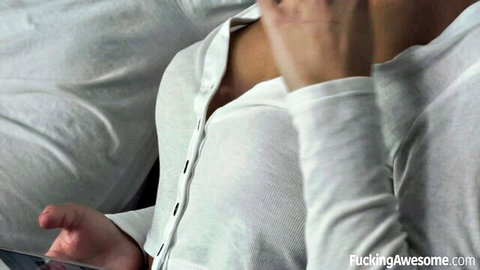 August Ames in open white shirt showing cleavage, caught in the act
