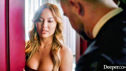 Curvy Kazumi in low-cut top dominated by suited man, deep cleavage tease
