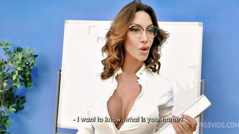 Vittoria Divine as sexy French teacher with deep cleavage in white blouse