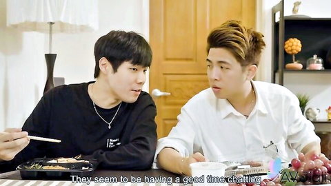 Two Taiwanese men chatting casually at home before seduction scene with Misha