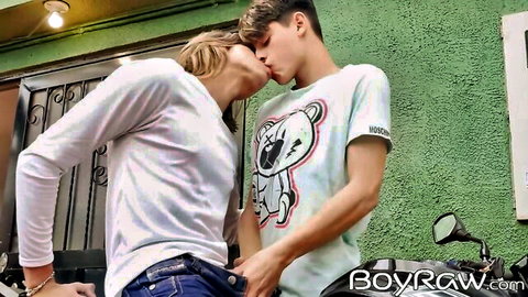 Blonde twink Dominik Xoxo kisses and gropes Justin Host's crotch passionately