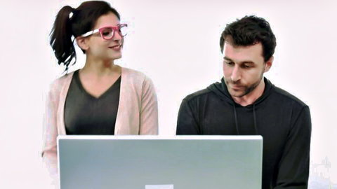Leah Gotti smiling with guy at laptop, casual clothed teen scene