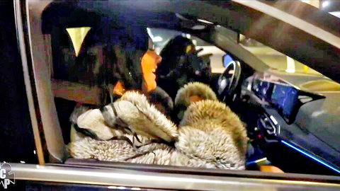 Alex Blair BBW brunette in fur coat fun with Gibby the Clown in car