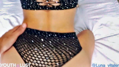 Luna Vitaler in black sequin lingerie, POV ass view on bed