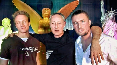 Three male stars posing intimately before group sex with busty US babes