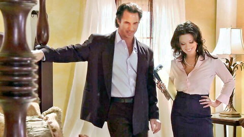Big boobs brunette babe in pink blouse and skirt with suited man