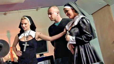 Busty blonde nuns in revealing habits tease man in foursome preview