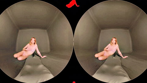 VR redhead teen sitting legs spread in pink top teasing viewers