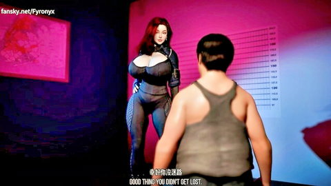 3D busty redhead police girlfriend in tight black bodysuit with man